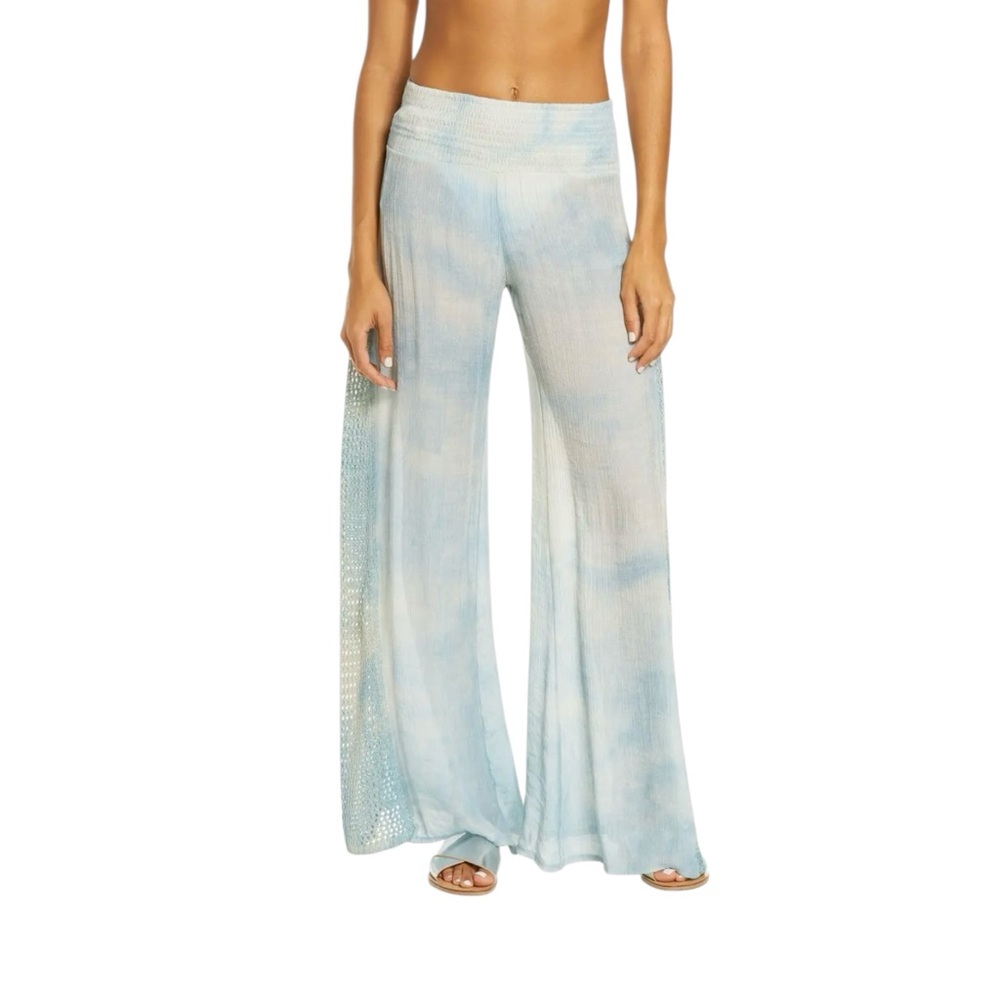 Elan Crochet Trim Wide Leg Blue Cream Cover Up Pants 1X